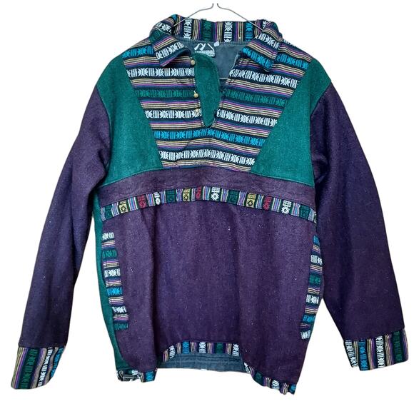 Ganesh Himal Wool Nepalese Geometric Trim Heavyweight Pullover Jacket Unisex - Picture 1 of 9